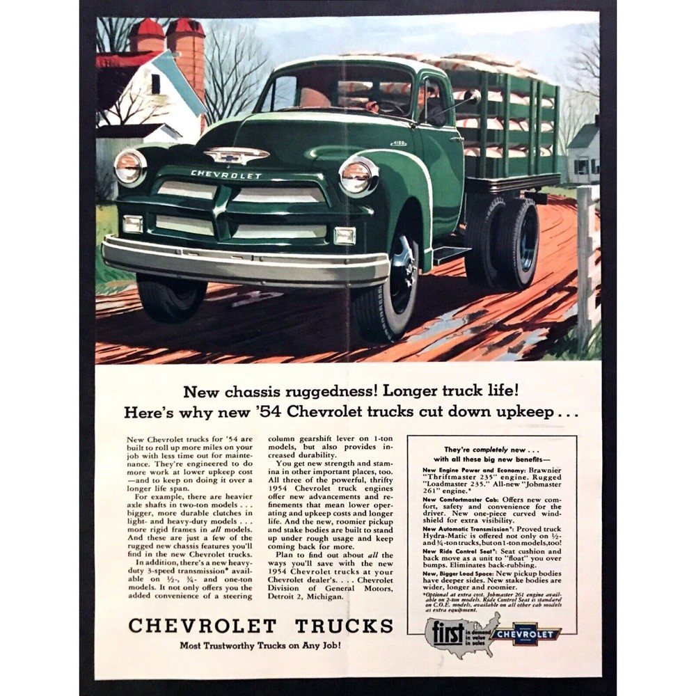 1954 Chevrolet Stake Bed Truck art "New Rugged Chassis" vintage print ad